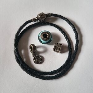 925 Pandora Black Leather Bracelet with 3 Charms
